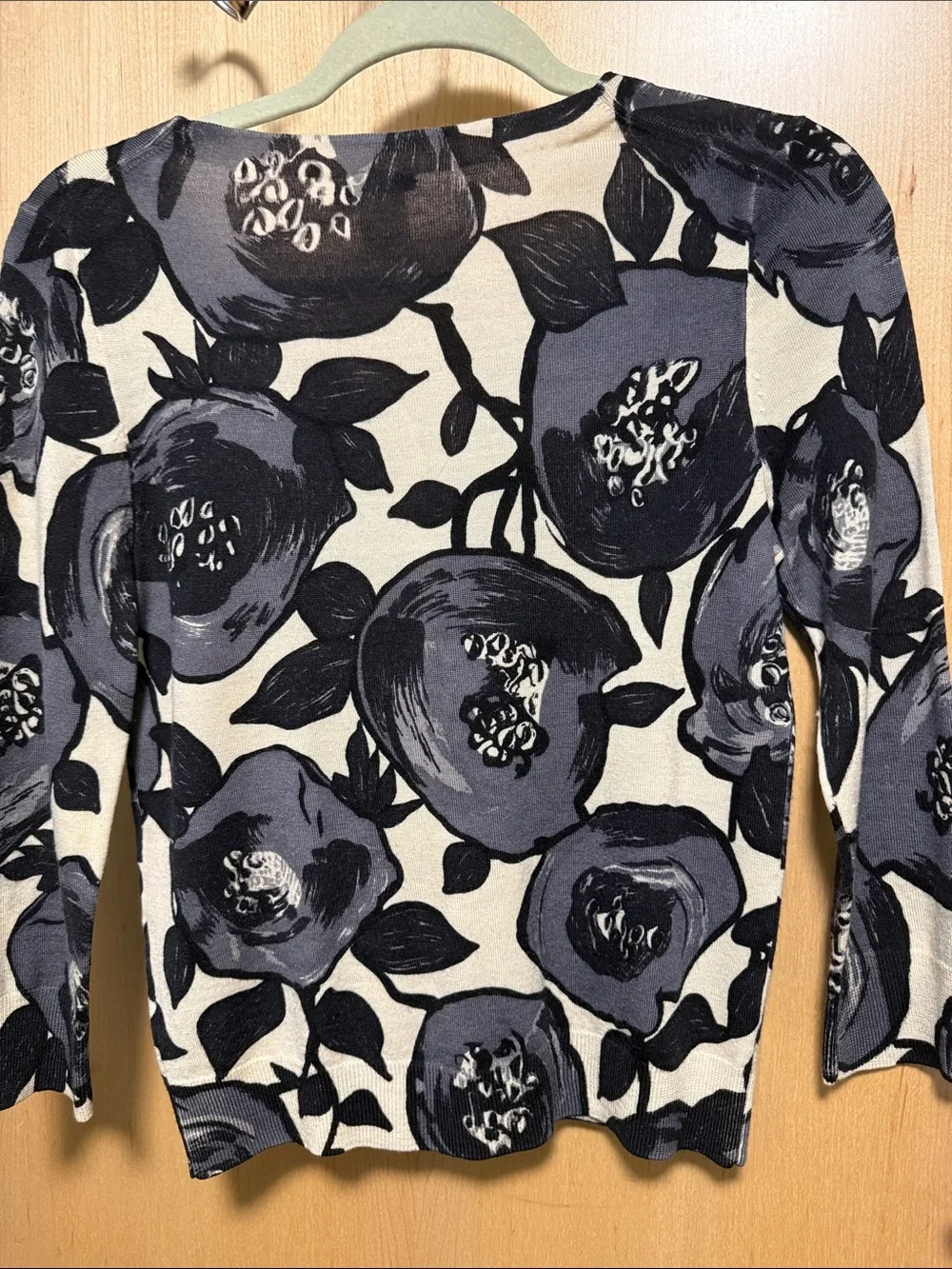 J. Crew Black and Gray Floral on Cream Base 100% Wool Button-Down Cardigan